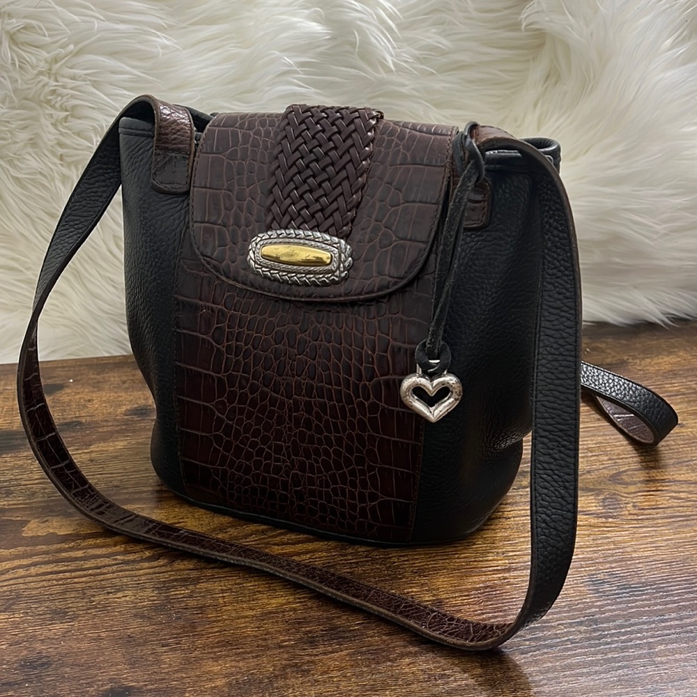 Vintage Brighton Black Brown Leather Croc Pattern Genuine Leather Shoulder Bag